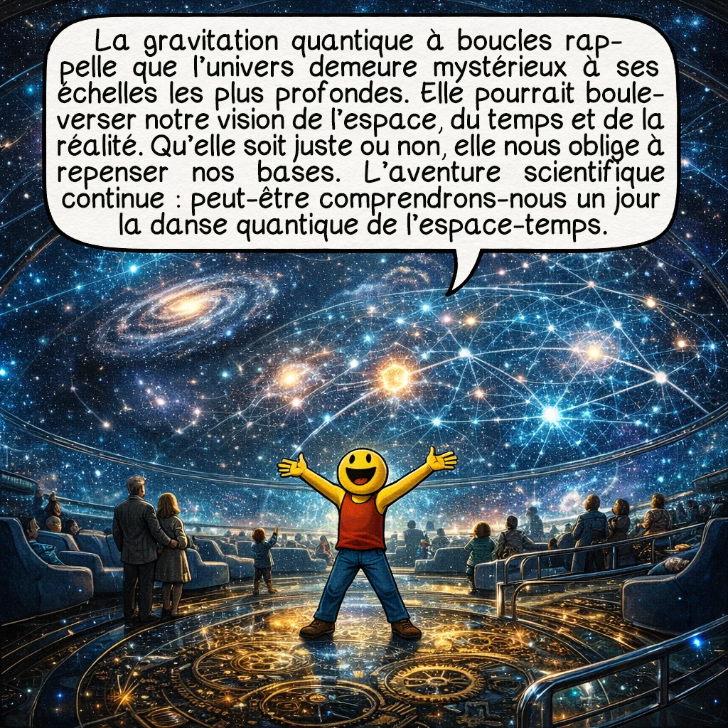 La gravitation quantique à boucles, case 10 : La gravitation quantique à boucles nous rappelle que l’univers reste profondément mystérieux à ses échelles les plus fondamentales. Elle pourrait transformer notre compréhension de l’espace, du temps, et de la réalité même. Que cette théorie soit correcte ou non, elle nous pousse à repenser nos présupposés les plus basiques. L’aventure scientifique continue, et peut-être qu’un jour nous comprendrons enfin la danse quantique de l’espace-temps lui-même.