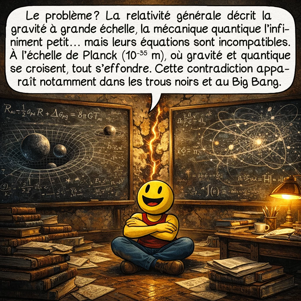 La gravitation quantique à boucles, case 2 : Le problème fondamental ? La relativité générale d’Einstein décrit brillamment la gravité à grande échelle, tandis que la mécanique quantique règne sur l’infiniment petit. Mais ces deux théories sont mathématiquement incompatibles ! Aux échelles de Planck — 10^-35 mètres — où gravité et effets quantiques se rencontrent, nos équations deviennent absurdes. Cette incompatibilité surgit notamment dans les trous noirs et au moment du Big Bang.