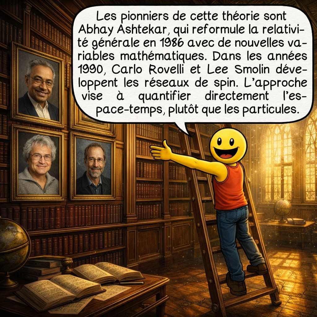 La gravitation quantique à boucles, case 3 : Les pionniers de cette théorie sont Abhay Ashtekar, qui a reformulé la relativité générale en 1986 en utilisant de nouvelles variables mathématiques. Carlo Rovelli et Lee Smolin ont ensuite développé la théorie dans les années 1990, créant le formalisme des réseaux de spin. Cette approche est née d’une tentative de quantifier directement l’espace-temps, contrairement à d’autres théories qui partent des particules.