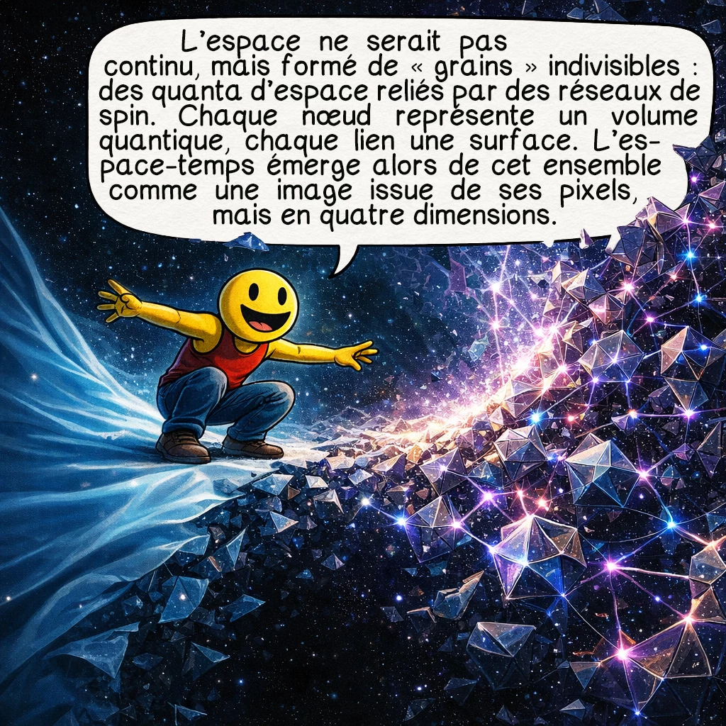 La gravitation quantique à boucles, case 4 : L’idée centrale : l’espace n’est pas continu, mais formé de « grains » indivisibles, des quanta d’espace ! Ces unités fondamentales sont reliées par des réseaux de spin, structures mathématiques décrivant leurs connexions. Chaque nœud représente un volume quantique, chaque lien une surface quantique. L’espace-temps émerge de ces réseaux comme une image émerge de pixels, mais en quatre dimensions.