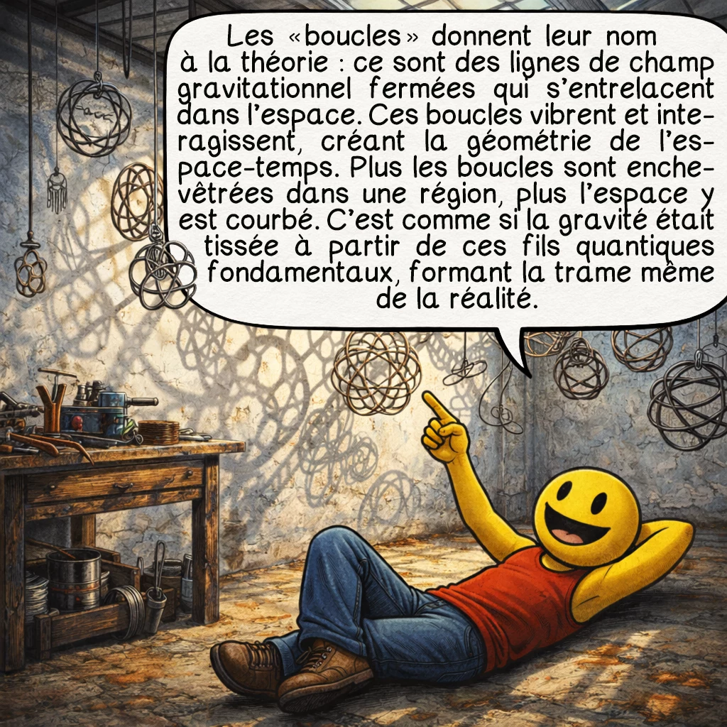La gravitation quantique à boucles, case 5 : Les « boucles » donnent leur nom à la théorie : ce sont des lignes de champ gravitationnel fermées qui s’entrelacent dans l’espace. Ces boucles vibrent et interagissent, créant la géométrie de l’espace-temps. Plus les boucles sont enchevêtrées dans une région, plus l’espace y est courbé. C’est comme si la gravité était tissée à partir de ces fils quantiques fondamentaux, formant la trame même de la réalité.