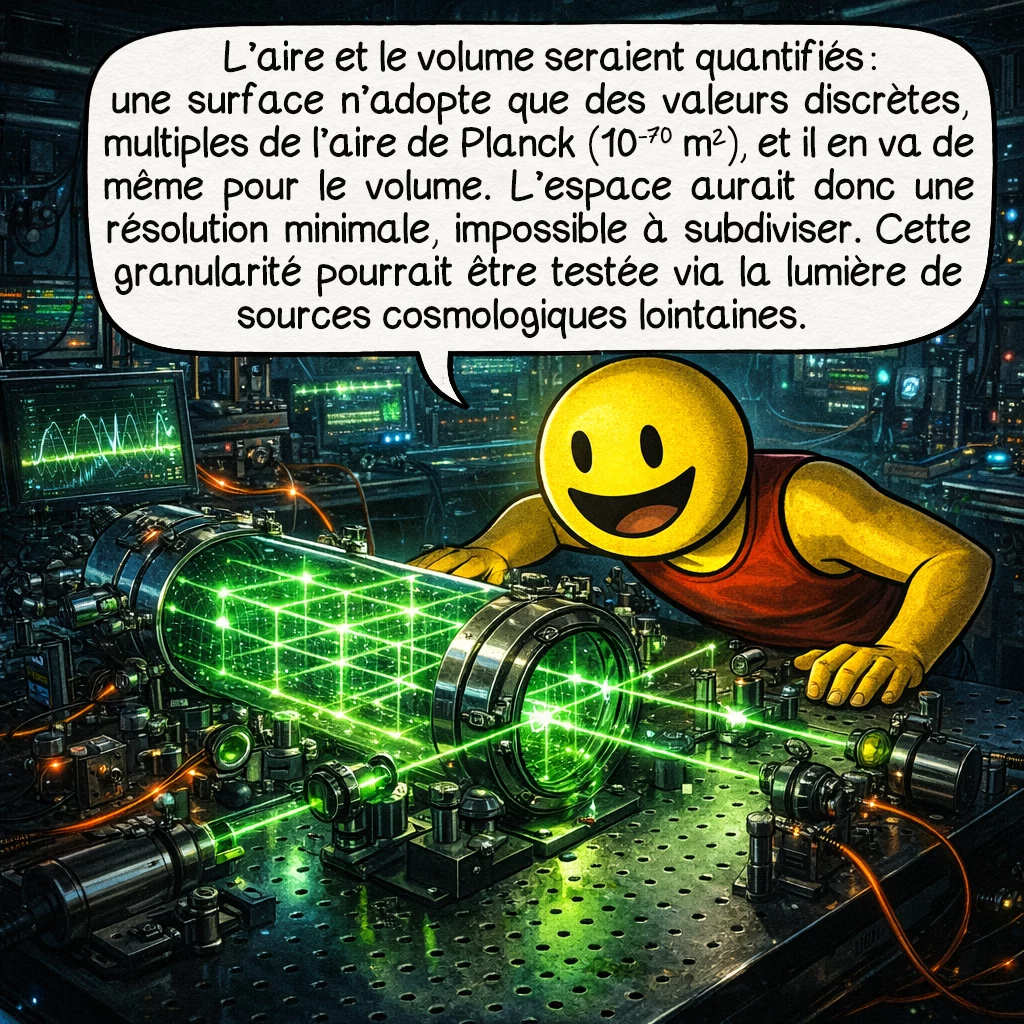La gravitation quantique à boucles, case 6 : Prédiction fascinante : l’aire et le volume sont quantifiés ! Une surface ne peut avoir que certaines valeurs discrètes d’aire, multiples de l’aire de Planck (10^-70 m²). Même chose pour le volume. C’est comme si l’espace avait une résolution minimale, impossible à subdiviser davantage. Cette quantification pourrait être testée en observant la lumière de sources cosmologiques lointaines, qui pourrait montrer des signatures de cette granularité.