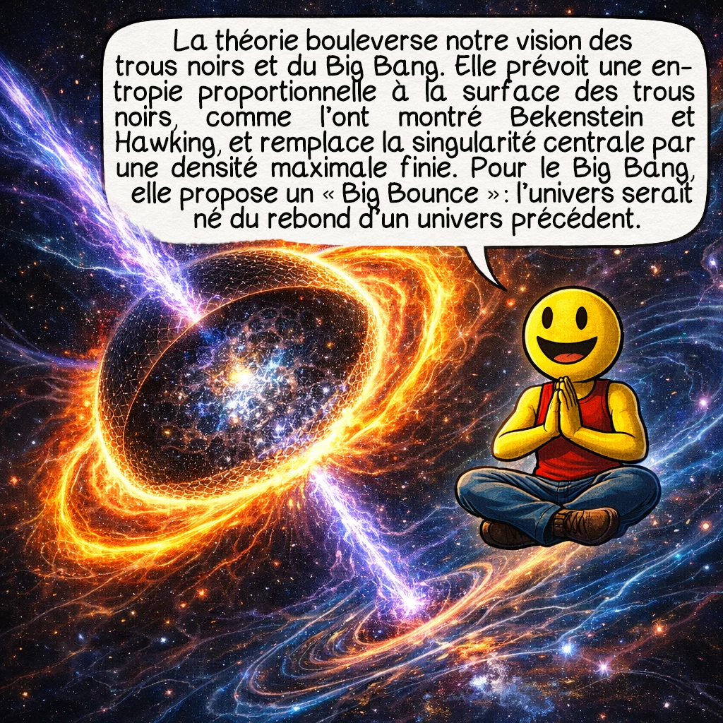 La gravitation quantique à boucles, case 7 : La théorie révolutionne notre compréhension des trous noirs et du Big Bang. Elle prédit que les trous noirs ont une entropie proportionnelle à leur surface, pas leur volume — confirmé par Bekenstein et Hawking ! Au cœur du trou noir, pas de singularité infinie, mais une région de densité maximale finie. Pour le Big Bang, elle suggère un « Big Bounce » : notre univers serait né du rebond d’un univers précédent en contraction.