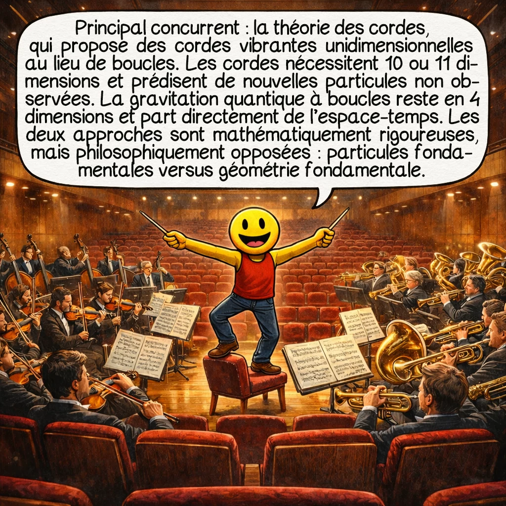 La gravitation quantique à boucles, case 8 : Principal concurrent : la théorie des cordes, qui propose des cordes vibrantes unidimensionnelles au lieu de boucles. Les cordes nécessitent 10 ou 11 dimensions et prédisent de nouvelles particules non observées. La gravitation quantique à boucles reste en 4 dimensions et part directement de l’espace-temps. Les deux approches sont mathématiquement rigoureuses, mais philosophiquement opposées : particules fondamentales versus géométrie fondamentale.