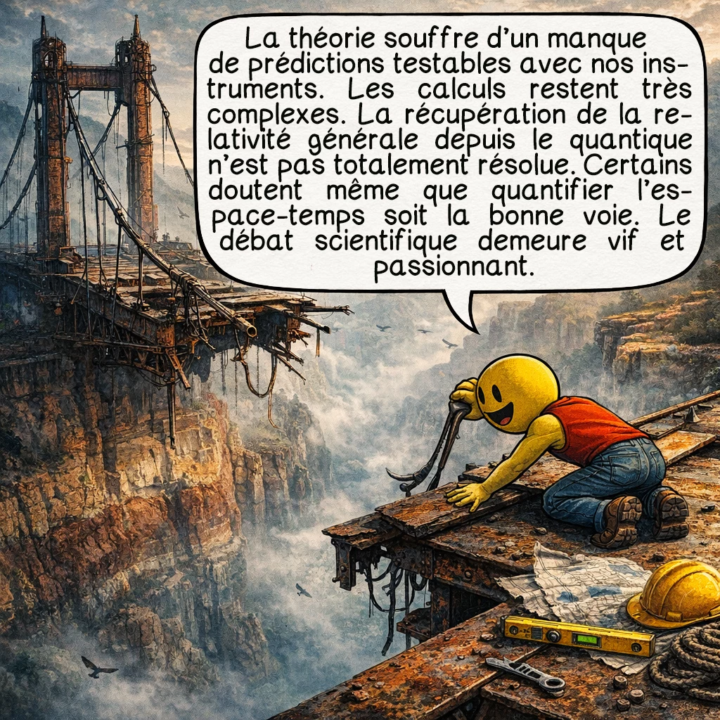 La gravitation quantique à boucles, case 9 : Défis majeurs : la théorie manque encore de prédictions testables accessibles à nos instruments actuels. Le calcul des processus physiques reste mathématiquement complexe. La dérivation de la relativité générale classique à partir de la théorie quantique n’est que partiellement résolue. Certains physiciens questionnent si la quantification de l’espace-temps est la bonne approche. Le débat scientifique reste vif et passionnant.