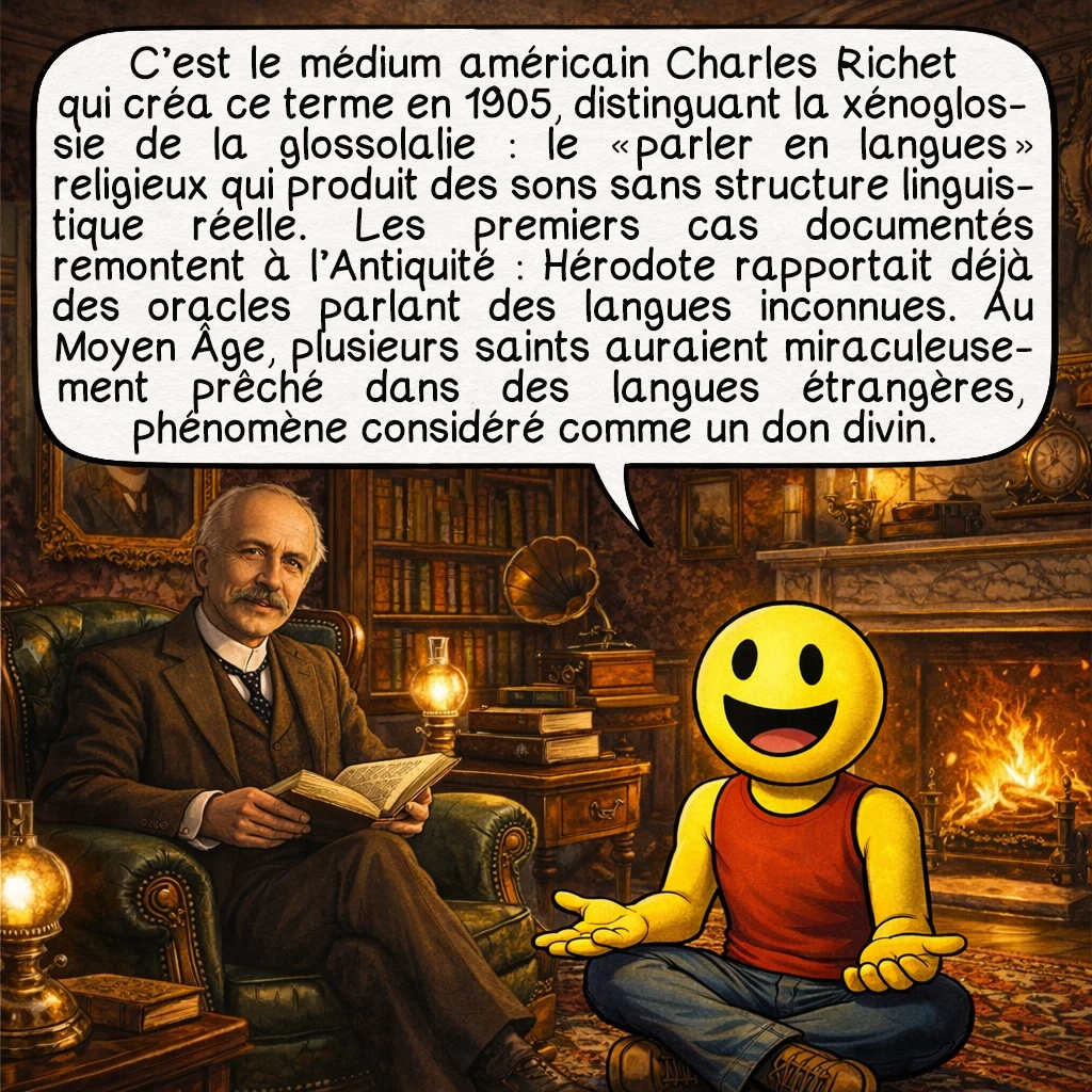 La xénoglossie, case 2 : C’est le médium américain Charles Richet qui créa ce terme en 1905, distinguant la xénoglossie de la glossolalie : le « parler en langues » religieux qui produit des sons sans structure linguistique réelle. Les premiers cas documentés remontent à l’Antiquité : Hérodote rapportait déjà des oracles parlant des langues inconnues. Au Moyen Âge, plusieurs saints auraient miraculeusement prêché dans des langues étrangères, phénomène considéré comme un don divin.