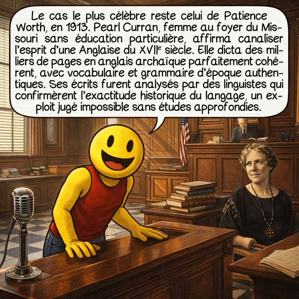 La xénoglossie, case 3 : Le cas le plus célèbre reste celui de Patience Worth, en 1913. Pearl Curran, femme au foyer du Missouri sans éducation particulière, affirma canaliser l’esprit d’une Anglaise du XVIIe siècle. Elle dicta des milliers de pages en anglais archaïque parfaitement cohérent, avec vocabulaire et grammaire d’époque authentiques. Ses écrits furent analysés par des linguistes qui confirmèrent l’exactitude historique du langage, un exploit jugé impossible sans études approfondies.