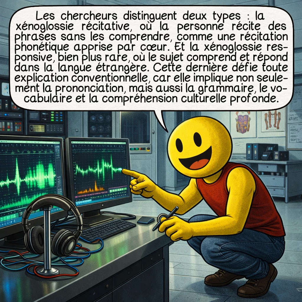 La xénoglossie, case 4 : Les chercheurs distinguent deux types : la xénoglossie récitative, où la personne récite des phrases sans les comprendre, comme une récitation phonétique apprise par cœur. Et la xénoglossie responsive, bien plus rare, où le sujet comprend et répond dans la langue étrangère. Cette dernière défie toute explication conventionnelle, car elle implique non seulement la prononciation, mais aussi la grammaire, le vocabulaire et la compréhension culturelle profonde.
