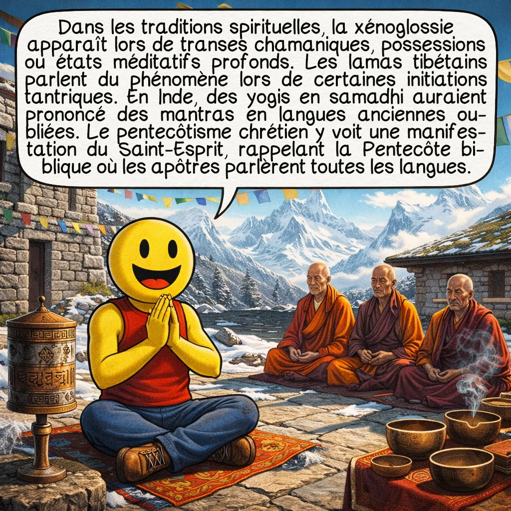 La xénoglossie, case 5 : Dans les traditions spirituelles, la xénoglossie apparaît lors de transes chamaniques, possessions ou états méditatifs profonds. Les lamas tibétains parlent du phénomène lors de certaines initiations tantriques. En Inde, des yogis en samadhi auraient prononcé des mantras en langues anciennes oubliées. Le pentecôtisme chrétien y voit une manifestation du Saint-Esprit, rappelant la Pentecôte biblique où les apôtres parlèrent toutes les langues.