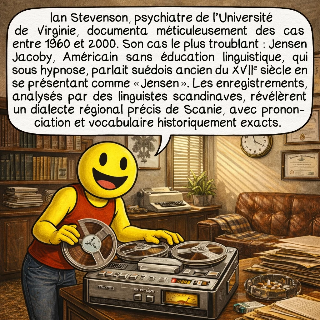 La xénoglossie, case 6 : Ian Stevenson, psychiatre de l’Université de Virginie, documenta méticuleusement des cas entre 1960 et 2000. Son cas le plus troublant : Jensen Jacoby, Américain sans éducation linguistique, qui sous hypnose, parlait suédois ancien du XVIIe siècle en se présentant comme « Jensen ». Les enregistrements, analysés par des linguistes scandinaves, révélèrent un dialecte régional précis de Scanie, avec prononciation et vocabulaire historiquement exacts.