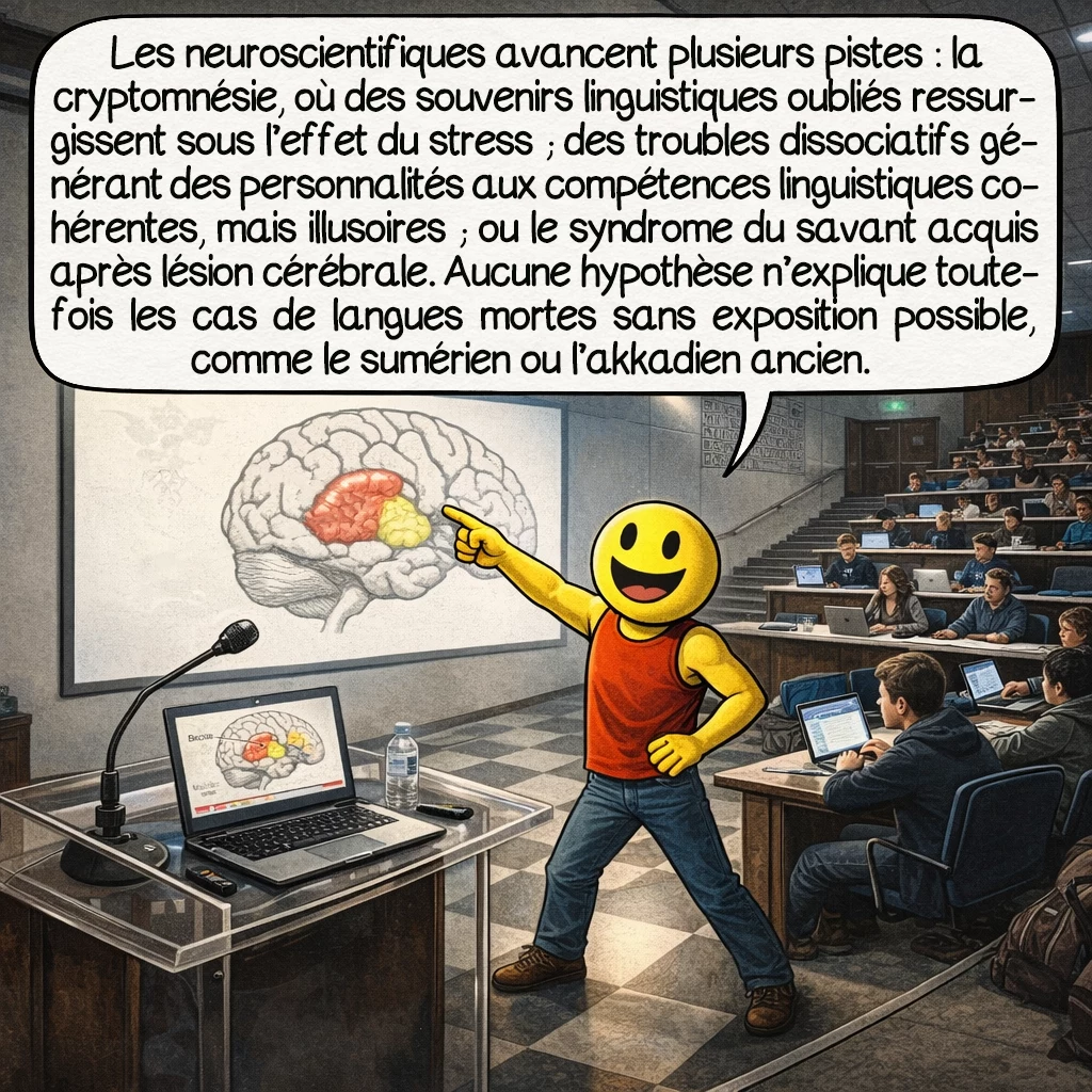 La xénoglossie, case 7 : Les neuroscientifiques proposent plusieurs explications. Cryptomnésie : mémoires enfouies d’expositions linguistiques oubliées réapparaissant sous stress. Troubles dissociatifs créant des personnalités alternatives avec compétences linguistiques imaginaires, mais cohérentes. Syndrome de savant acquis suite à lésions cérébrales libérant des capacités latentes. Cependant, aucune théorie n’explique totalement les cas de langues mortes sans exposition moderne possible, comme le sumérien ou l’akkadien ancien.