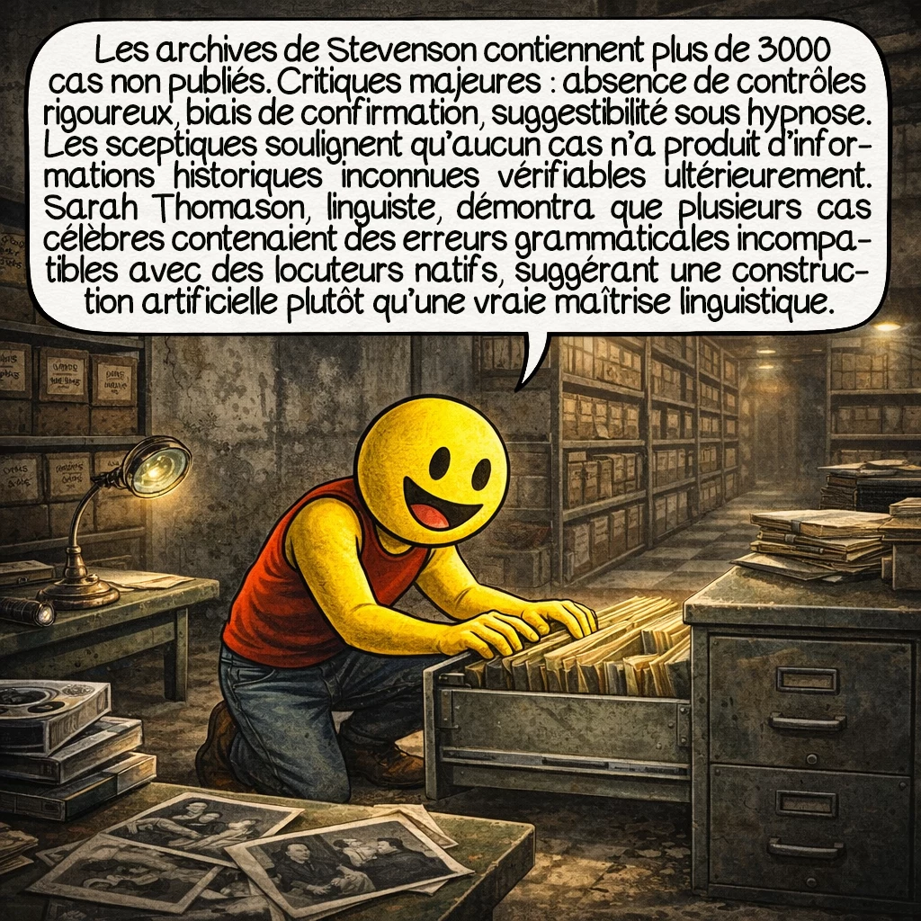 La xénoglossie, case 8 : Les archives de Stevenson contiennent plus de 3000 cas non publiés. Critiques majeures : absence de contrôles rigoureux, biais de confirmation, suggestibilité sous hypnose. Les sceptiques soulignent qu’aucun cas n’a produit d’informations historiques inconnues vérifiables ultérieurement. Sarah Thomason, linguiste, démontra que plusieurs cas célèbres contenaient des erreurs grammaticales incompatibles avec des locuteurs natifs, suggérant une construction artificielle plutôt qu’une vraie maîtrise linguistique.