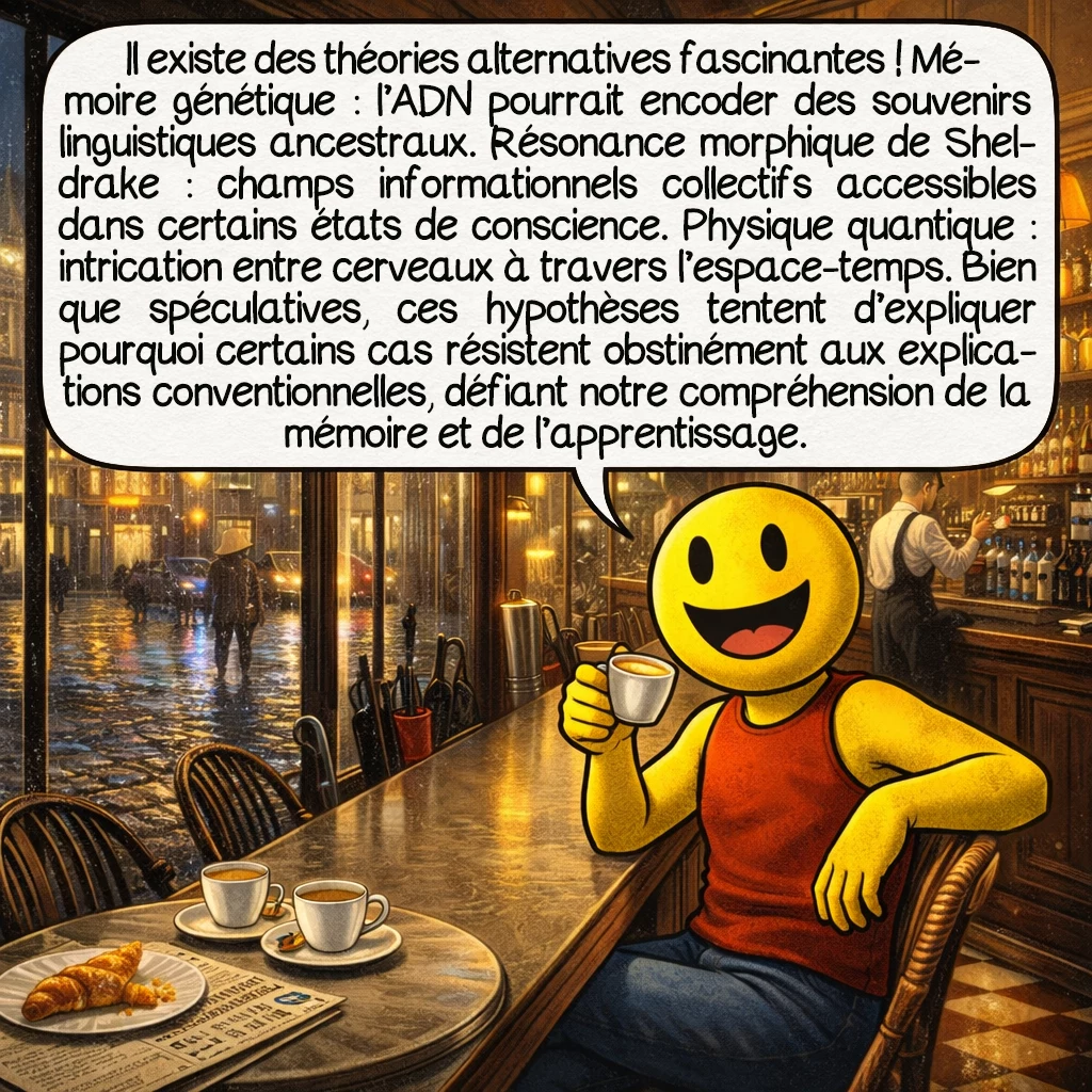 La xénoglossie, case 9 : Théories alternatives fascinantes : mémoire génétique — l’ADN pourrait encoder des souvenirs linguistiques ancestraux. Résonance morphique de Sheldrake — champs informationnels collectifs accessibles dans certains états de conscience. Physique quantique — intrication entre cerveaux à travers l’espace-temps. Bien que spéculatives, ces hypothèses tentent d’expliquer pourquoi certains cas résistent obstinément aux explications conventionnelles, défiant notre compréhension de la mémoire et de l’apprentissage.