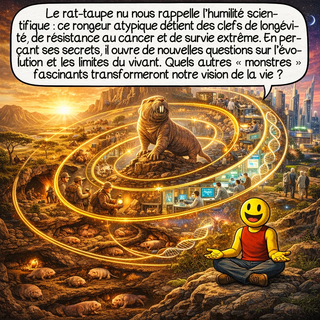 Le rat-taupe nu, case 10 : Le rat-taupe nu nous enseigne l’humilité scientifique : un petit rongeur « hideux » détient les clés de la longévité, de l’immunité au cancer et de la survie extrême. Tandis que nous déchiffrons ses secrets moléculaires, de nouvelles questions émergent sur l’évolution, la conscience collective et les limites du vivant. Qui sait quels autres « monstres » magnifiques attendent de révolutionner notre compréhension de la vie ?