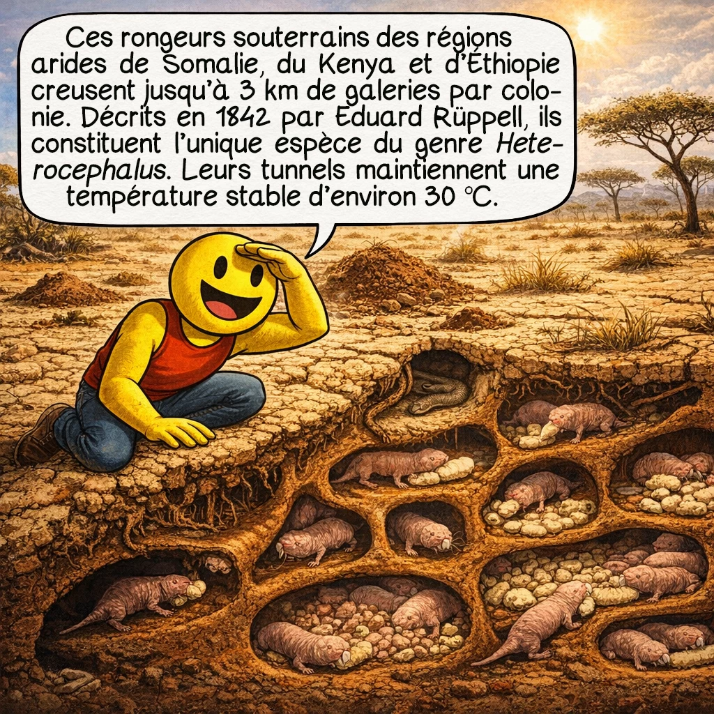 Le rat-taupe nu, case 2 : Ces rongeurs vivent exclusivement sous terre dans les régions arides de Somalie, Kenya et Éthiopie, creusant jusqu’à 3 kilomètres de tunnels par colonie. Découverts en 1842 par le naturaliste allemand Eduard Rüppell, ils forment l’unique espèce du genre Heterocephalus. Leurs galeries maintiennent une température stable de 30 °C, les protégeant des variations extrêmes de surface.