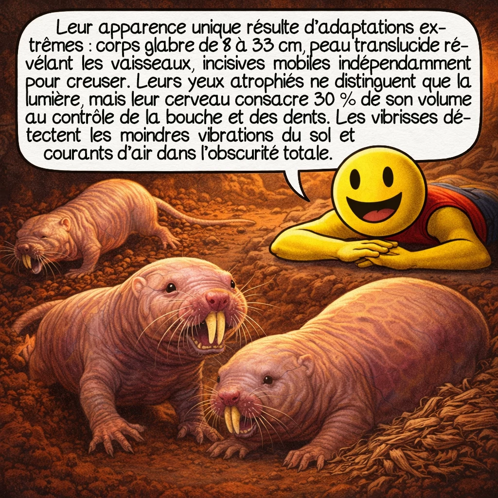 Le rat-taupe nu, case 3 : Leur apparence unique résulte d’adaptations extrêmes : corps glabre de 8 à 33 cm, peau translucide révélant les vaisseaux, incisives mobiles indépendamment pour creuser. Leurs yeux atrophiés ne distinguent que la lumière, mais leur cerveau consacre 30 % de son volume au contrôle de la bouche et des dents. Les vibrisses détectent les moindres vibrations du sol et courants d’air dans l’obscurité totale.
