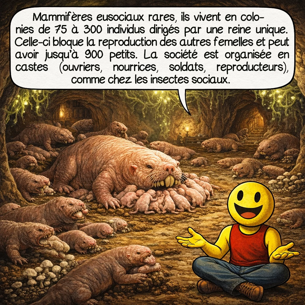 Le rat-taupe nu, case 4 : Seuls mammifères véritablement eusociaux avec deux autres espèces de rats-taupes, ils vivent en colonies de 75 à 300 individus dominés par une reine unique. Elle inhibe hormonalement la reproduction des autres femelles et peut avoir 900 petits dans sa vie. Les castes incluent ouvriers-creuseurs, nourrices, soldats défenseurs et mâles reproducteurs, exactement comme les insectes sociaux.