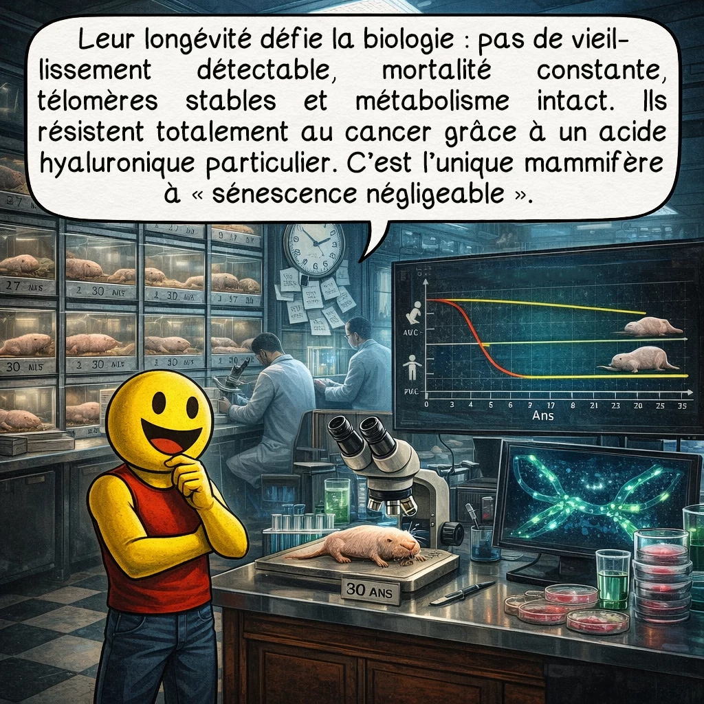 Le rat-taupe nu, case 5 : Leur longévité défie la biologie : aucun signe de vieillissement détectable, risque de mortalité constant quel que soit l’âge, télomères stables, métabolisme qui ne décline pas. Ils sont totalement résistants au cancer grâce à une production d’acide hyaluronique de très haut poids moléculaire et des mécanismes cellulaires uniques. C’est le seul mammifère connu présentant une « sénescence négligeable ».