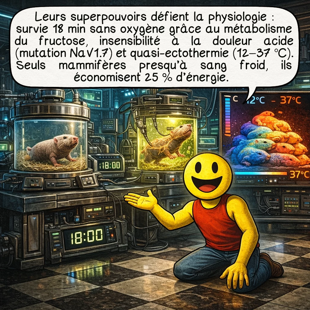 Le rat-taupe nu, case 6 : Leurs superpouvoirs défient la physiologie : survie 18 minutes sans oxygène en métabolisant le fructose comme les plantes, insensibilité totale à la douleur acide due à des mutations du canal sodium NaV1.7, quasi-ectothermie avec température variant de 12 à 37 °C. Ce sont les seuls mammifères à sang presque froid, économisant 25 % d’énergie métabolique.