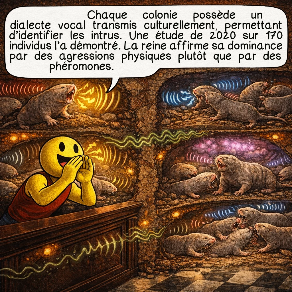 Le rat-taupe nu, case 7 : Chaque colonie possède son propre dialecte de gazouillis, transmis culturellement et permettant d’identifier les intrus. Une étude de 2020 sur 170 individus a prouvé cette reconnaissance vocale unique chez les mammifères. La reine maintient sa dominance par agressions physiques plutôt que phéromones, bousculant régulièrement ses sujets pour stimuler leur activité.