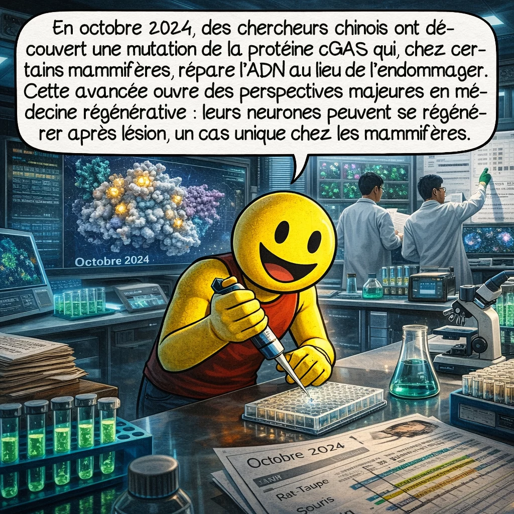 Le rat-taupe nu, case 8 : En octobre 2024, des chercheurs chinois ont identifié le secret : une mutation de la protéine immunitaire cGAS qui, contrairement aux autres mammifères, répare l’ADN au lieu de le détériorer. Cette découverte révolutionnaire ouvre des pistes pour la médecine régénérative humaine. Leurs neurones, uniques parmi les mammifères, peuvent régénérer après lésion, comme chez les amphibiens.