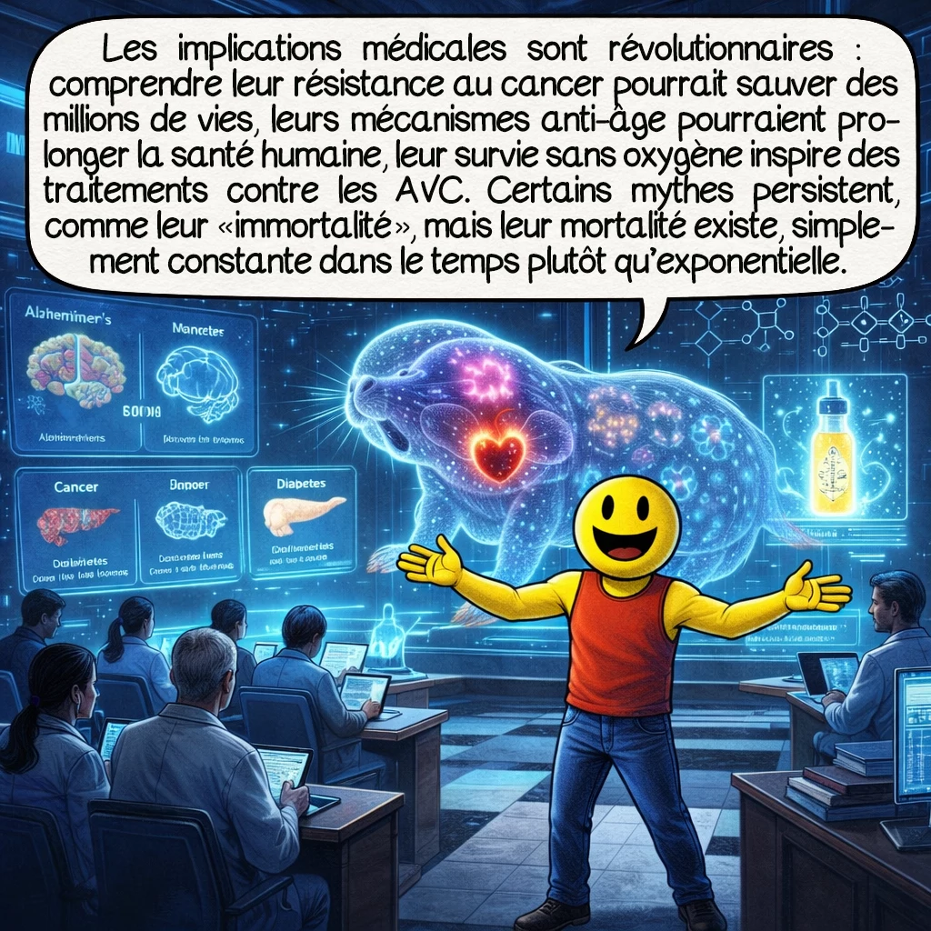 Le rat-taupe nu, case 9 : Les implications médicales sont révolutionnaires : comprendre leur résistance au cancer pourrait sauver des millions de vies, leurs mécanismes anti-âge pourraient prolonger la santé humaine, leur survie sans oxygène inspire des traitements contre les AVC. Certains mythes persistent, comme leur « immortalité », mais leur mortalité existe, simplement constante dans le temps plutôt qu’exponentielle.