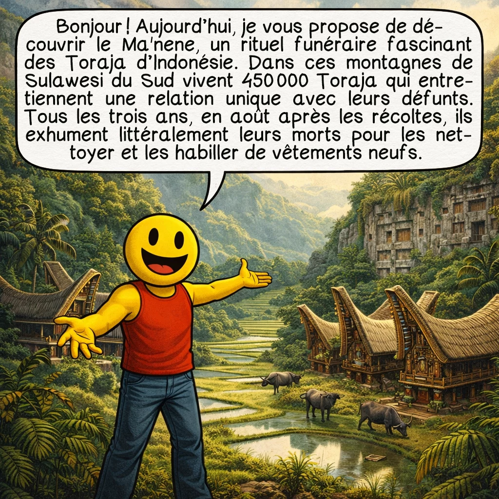 Le Ma’Nene, case 1 : Bonjour ! Aujourd’hui, je vous propose de découvrir le Ma'nene, un rituel funéraire fascinant des Toraja d’Indonésie. Dans ces montagnes de Sulawesi du Sud vivent 450 000 Toraja qui entretiennent une relation unique avec leurs défunts. Tous les trois ans, en août après les récoltes, ils exhument littéralement leurs morts pour les nettoyer et les habiller de vêtements neufs.