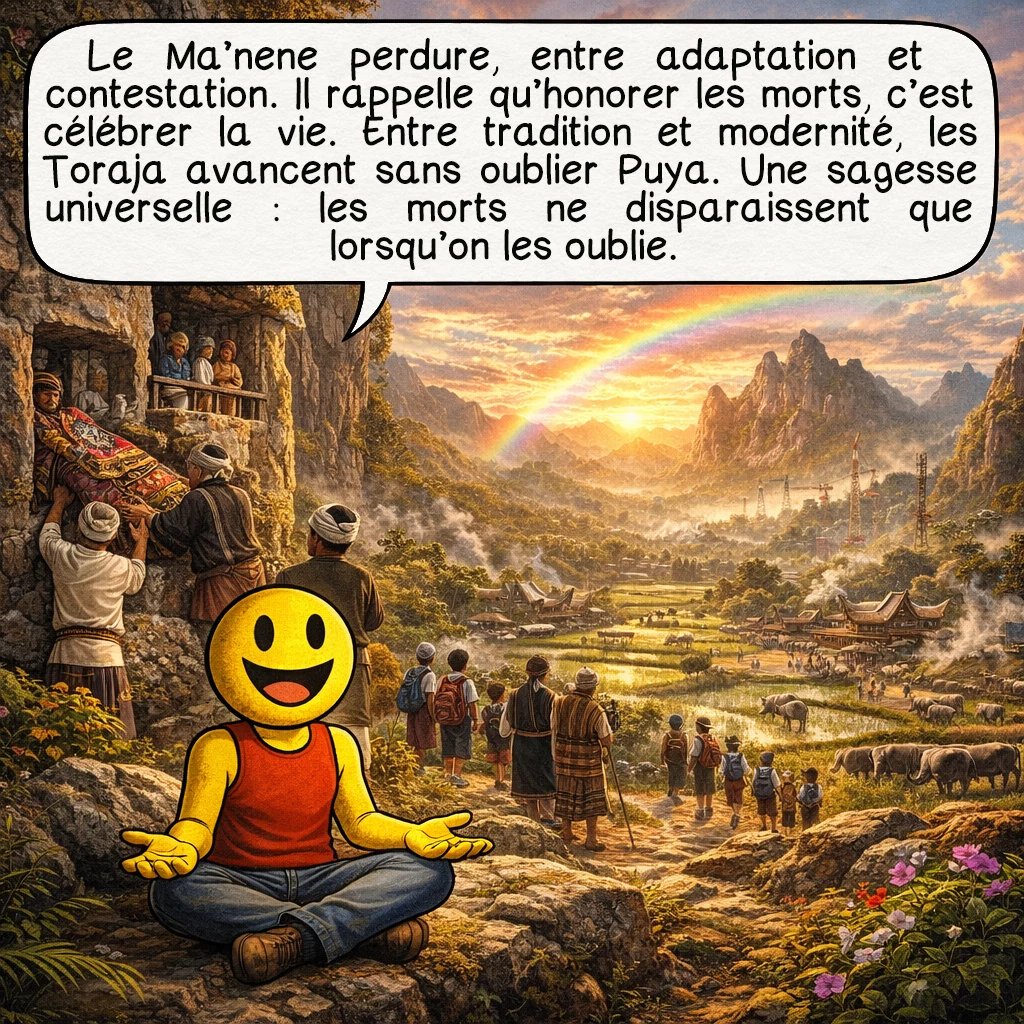 Le Ma’Nene, case 10 : Le Ma'nene survit, adapté, contesté, mais toujours pratiqué. Il nous rappelle qu’honorer nos morts, c’est célébrer la vie. Entre préservation culturelle et évolution inévitable, les Toraja naviguent leur modernité sans oublier Puya. Cette sagesse ancestrale — que les morts ne nous quittent vraiment que lorsqu’on les oublie — résonne universellement, au-delà des montagnes de Sulawesi.