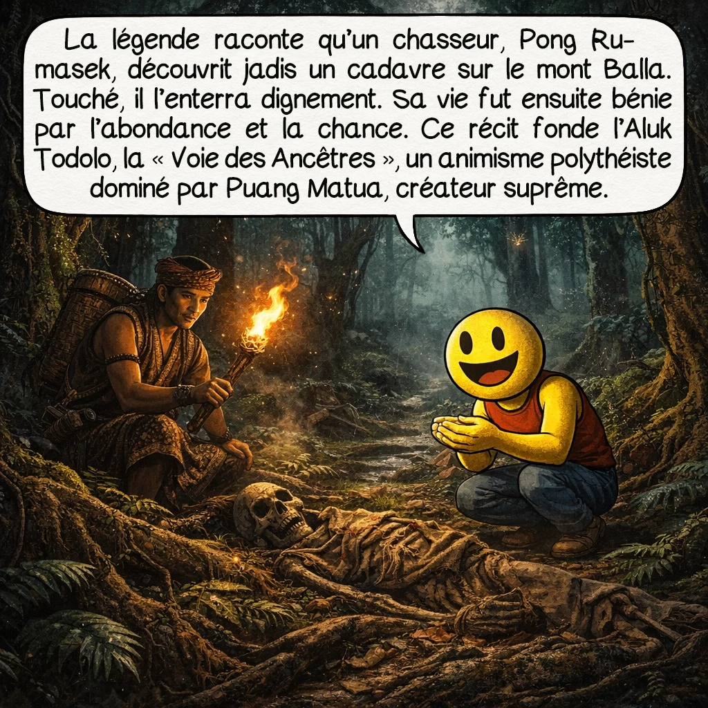 Le Ma’Nene, case 2 : La légende raconte qu’il y a des siècles, un chasseur nommé Pong Rumasek découvrit un cadavre abandonné sur le mont Balla. Ému, il l’enveloppa dans ses propres vêtements et l’enterra dignement. Dès lors, sa vie fut bénie : récoltes abondantes et chance à la chasse. Cette histoire fonde l’Aluk Todolo, la « Voie des Ancêtres », système animiste polythéiste où Puang Matua est le créateur suprême.