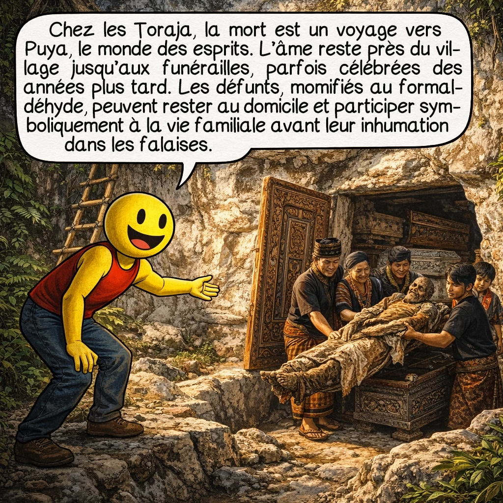 Le Ma’Nene, case 3 : Les Toraja croient que la mort n’est pas une fin abrupte, mais un long voyage vers Puya, le monde des esprits. L’esprit reste près du village jusqu’aux funérailles complètes, qui peuvent survenir des années après le décès. Les corps sont momifiés au formaldéhyde et gardés parfois à la maison, participant symboliquement à la vie familiale quotidienne avant leur inhumation dans les falaises.