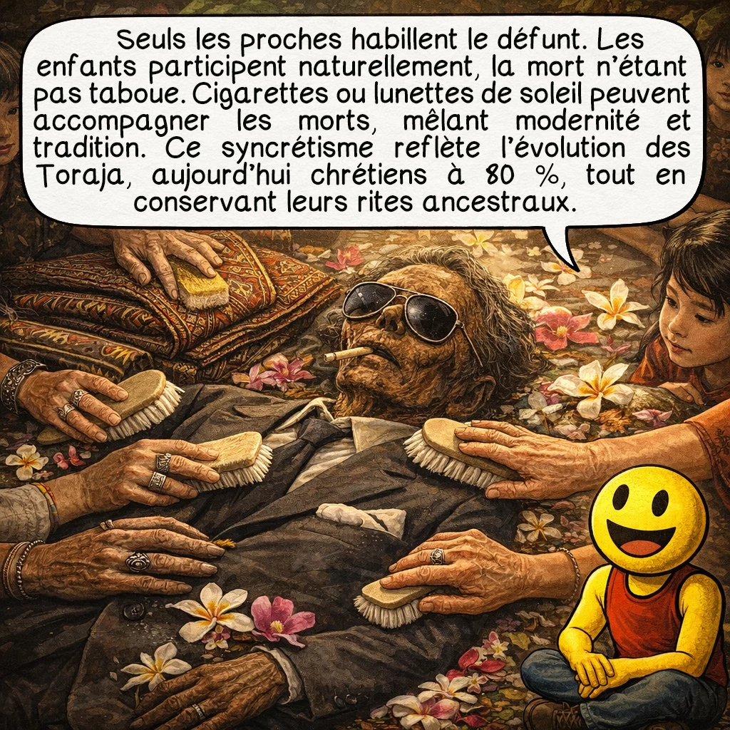 Le Ma’Nene, case 4 : Seuls les proches peuvent habiller le défunt. Les enfants participent naturellement, la mort n’étant pas taboue. On place parfois des cigarettes aux lèvres des morts ou des lunettes de soleil, mélangeant modernité et tradition. Ce syncrétisme reflète l’évolution des Toraja : 80 % sont désormais chrétiens depuis l’arrivée des missionnaires hollandais en 1900, mais conservent ces rituels ancestraux.