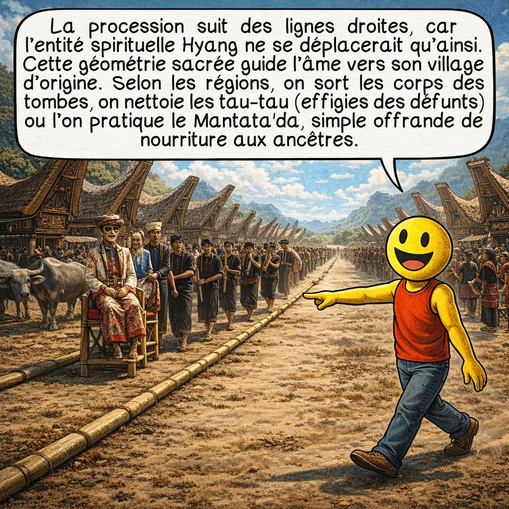 Le Ma’Nene, case 5 : La procession suit impérativement des lignes droites, car, selon la croyance, l’entité spirituelle Hyang ne se déplace qu’ainsi. Cette géométrie sacrée guide l’âme vers son village d’origine. Le rituel varie selon les régions : à Sesean et Pangala, on sort les corps des tombes ; ailleurs, on nettoie les tau-tau, effigies en bois des défunts. Certains villages pratiquent le Mantata'da, offrant simplement de la nourriture aux ancêtres.