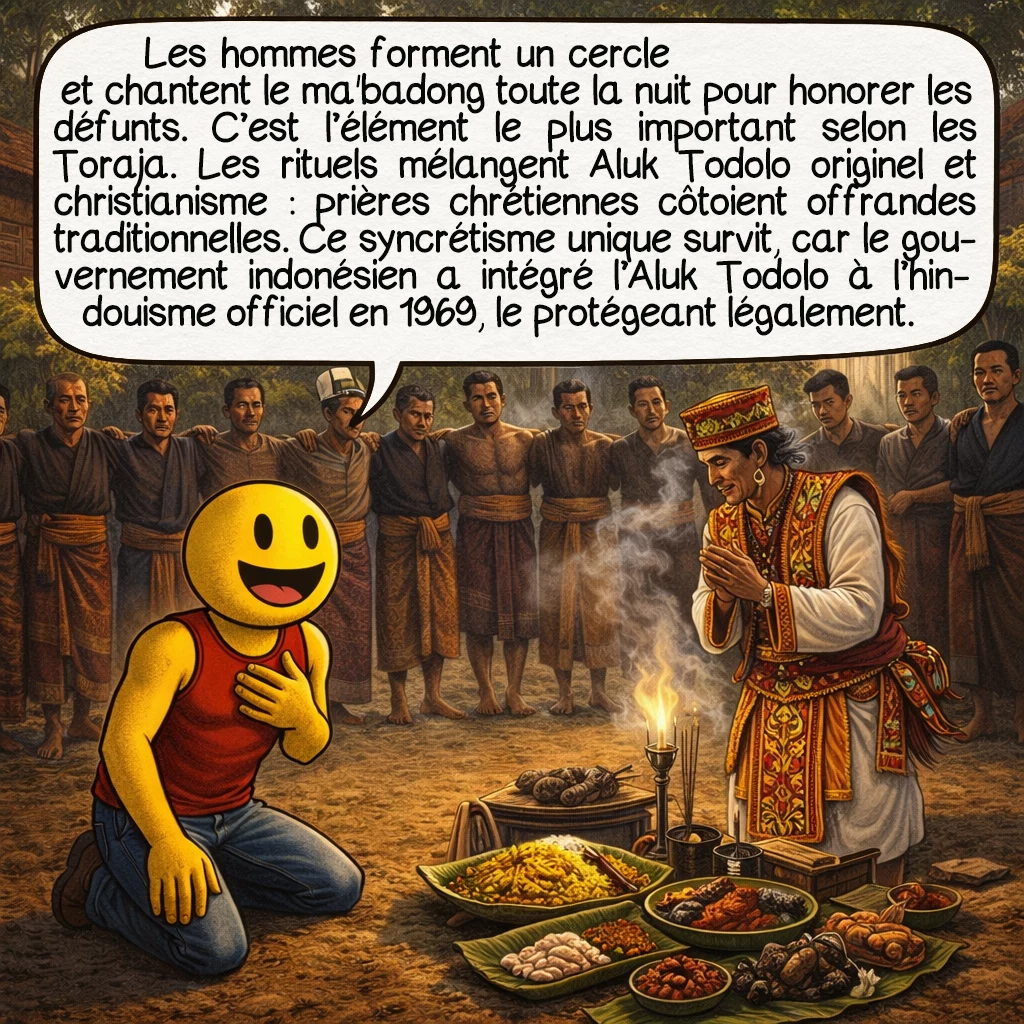 Le Ma’Nene, case 6 : Les hommes forment un cercle et chantent le ma'badong toute la nuit pour honorer les défunts. C’est l’élément le plus important selon les Toraja. Les rituels mélangent Aluk Todolo originel et christianisme : prières chrétiennes côtoient offrandes traditionnelles. Ce syncrétisme unique survit, car le gouvernement indonésien a intégré l’Aluk Todolo à l’hindouisme officiel en 1969, le protégeant légalement.