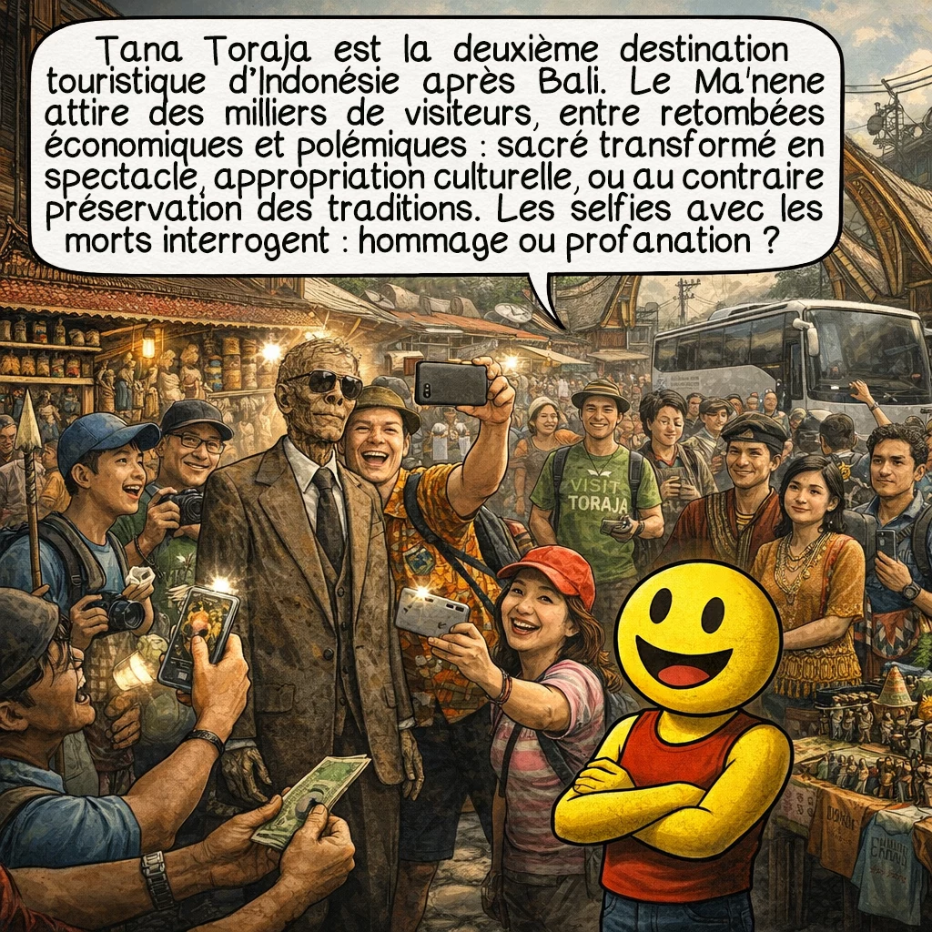 Le Ma’Nene, case 7 : Tana Toraja est devenue la deuxième destination touristique d’Indonésie après Bali. Le Ma'nene attire des milliers de visiteurs, générant revenus, mais aussi controverses. Certains dénoncent l’appropriation culturelle et la perte du sacré, les rituels devenant spectacles payants. D’autres y voient une motivation économique pour préserver les traditions. Les selfies avec les morts divisent : respect ou profanation ?