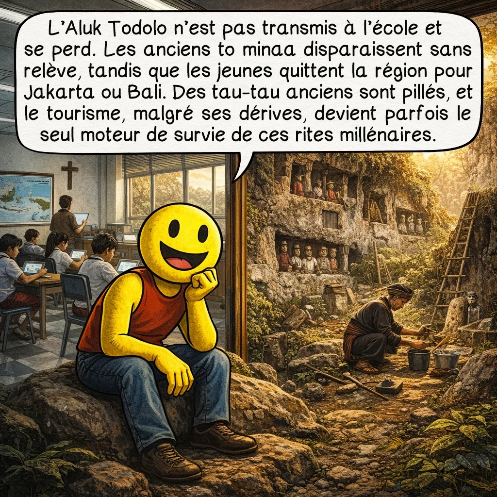 Le Ma’Nene, case 8 : L’Aluk Todolo n’est pas enseigné à l’école, menaçant la transmission. Les anciens to minaa disparaissent sans successeurs formés. Les jeunes partent travailler à Jakarta ou Bali, revenant rarement pour les rituels. Certains tau-tau centenaires sont volés pour des collectionneurs. Paradoxalement, le tourisme, tout en dénaturant, devient parfois la seule motivation économique pour maintenir ces pratiques millénaires.