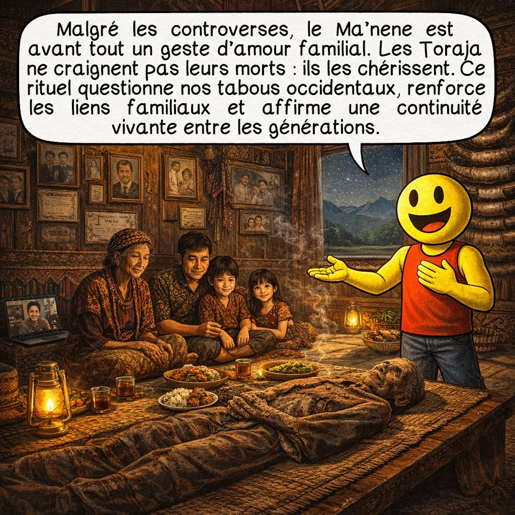 Le Ma’Nene, case 9 : Au-delà des controverses, le Ma'nene reste un acte d’amour familial profond. Les Toraja ne craignent pas leurs morts, mais les chérissent. Cette proximité interroge nos propres tabous occidentaux sur la mort. Le rituel renforce les liens familiaux, l’identité culturelle et la continuité entre générations. C’est une forme unique de deuil qui transforme la séparation en présence continue.