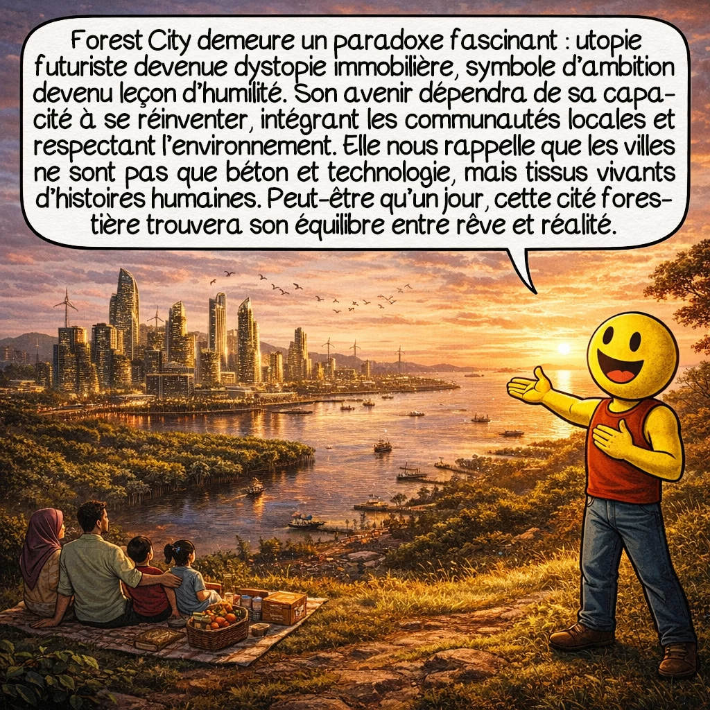 Forest City, case 10 : Forest City demeure un paradoxe fascinant : utopie écologique devenue dystopie immobilière, symbole d'ambition devenu leçon d'humilité. Son avenir dépendra de sa capacité à se réinventer authentiquement, intégrant les communautés locales et respectant l'environnement. Elle nous rappelle que les villes ne sont pas que béton et technologie, mais tissus vivants d'histoires humaines. Peut-être qu'un jour, cette cité forestière trouvera son équilibre entre rêve et réalité.
