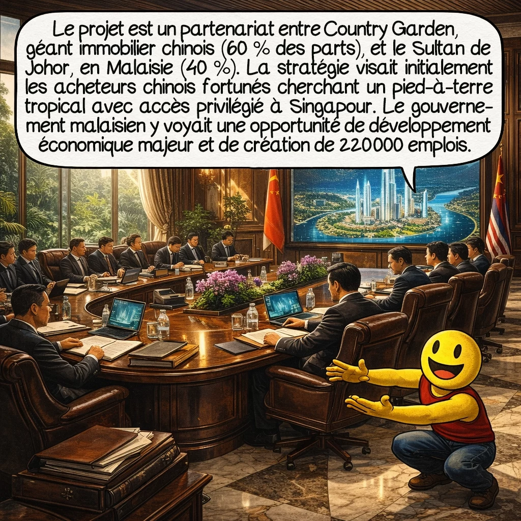 Forest City, case 2 : Le projet est né d'un partenariat entre Country Garden, géant immobilier chinois, et le Sultan de Johor via sa société d'investissement. L'accord prévoyait 60% des parts pour les Chinois, 40% pour les Malaisiens. La stratégie visait initialement les acheteurs chinois fortunés cherchant un pied-à-terre tropical avec accès privilégié à Singapour. Le gouvernement malaisien y voyait une opportunité de développement économique majeur et de création de 220 000 emplois.