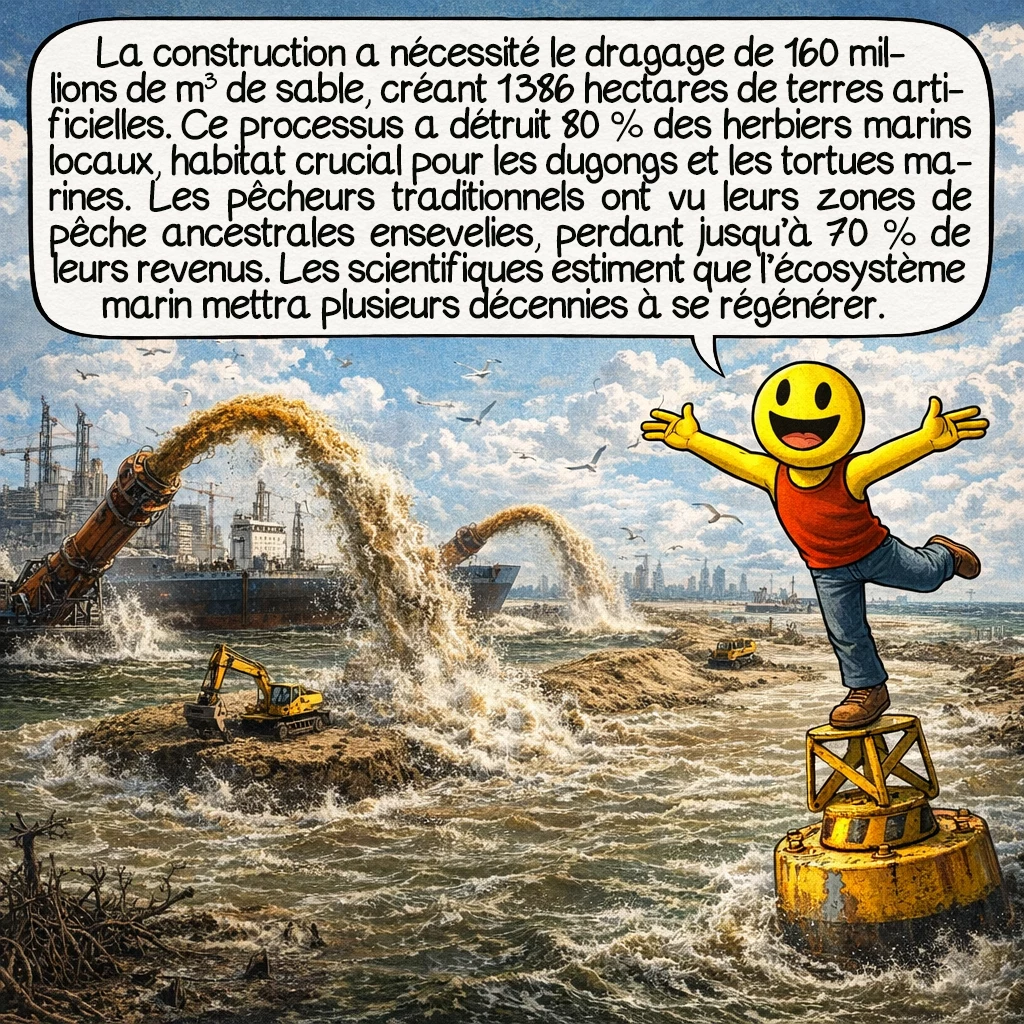Forest City, case 3 : La construction a nécessité le dragage de 160 millions de mètres cubes de sable, créant 1 386 hectares de terres artificielles. Ce processus a détruit 80% des herbiers marins locaux, habitat crucial pour les dugongs et les tortues marines. Les pêcheurs traditionnels ont vu leurs zones de pêche ancestrales ensevelies, perdant jusqu'à 70% de leurs revenus. Les scientifiques estiment que l'écosystème marin mettra plusieurs décennies à se régénérer partiellement.