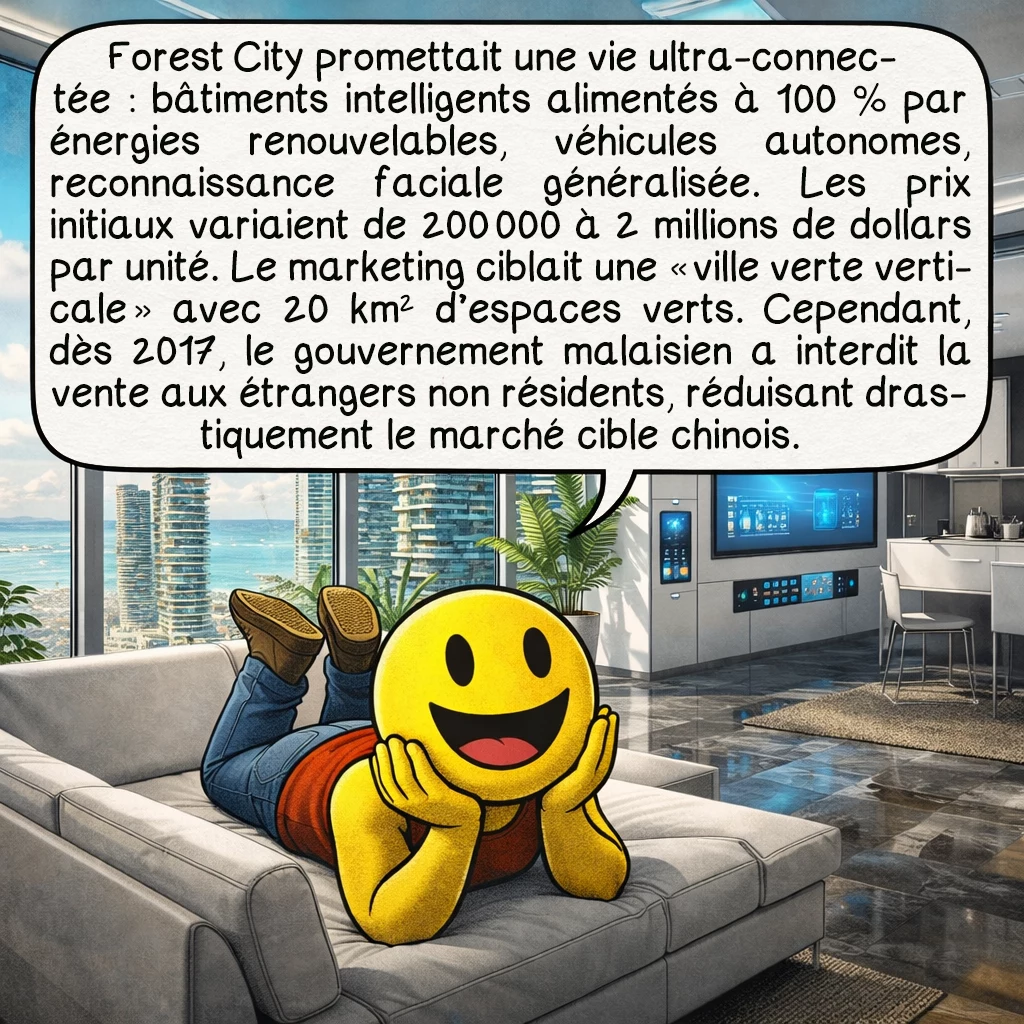 Forest City, case 4 : Forest City promettait une vie ultra-connectée : bâtiments intelligents alimentés à 100% par énergies renouvelables, véhicules autonomes, reconnaissance faciale généralisée. Les prix initiaux variaient de 200 000 à 2 millions de dollars par unité. Le marketing ciblait une 'ville verte verticale' avec 20 km² d'espaces verts. Cependant, dès 2017, le gouvernement malaisien a interdit la vente aux étrangers non-résidents, réduisant drastiquement le marché cible chinois.