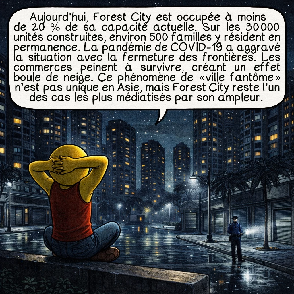 Forest City, case 5 : Aujourd'hui, Forest City est occupée à moins de 20% de sa capacité actuelle. Sur les 30 000 unités construites, environ 500 familles y résident en permanence. La pandémie de COVID-19 a aggravé la situation avec la fermeture des frontières. Les commerces peinent à survivre, créant un effet boule de neige. Ce phénomène de 'ville fantôme' n'est pas unique en Asie mais Forest City reste l'un des cas les plus médiatisés par son ampleur.