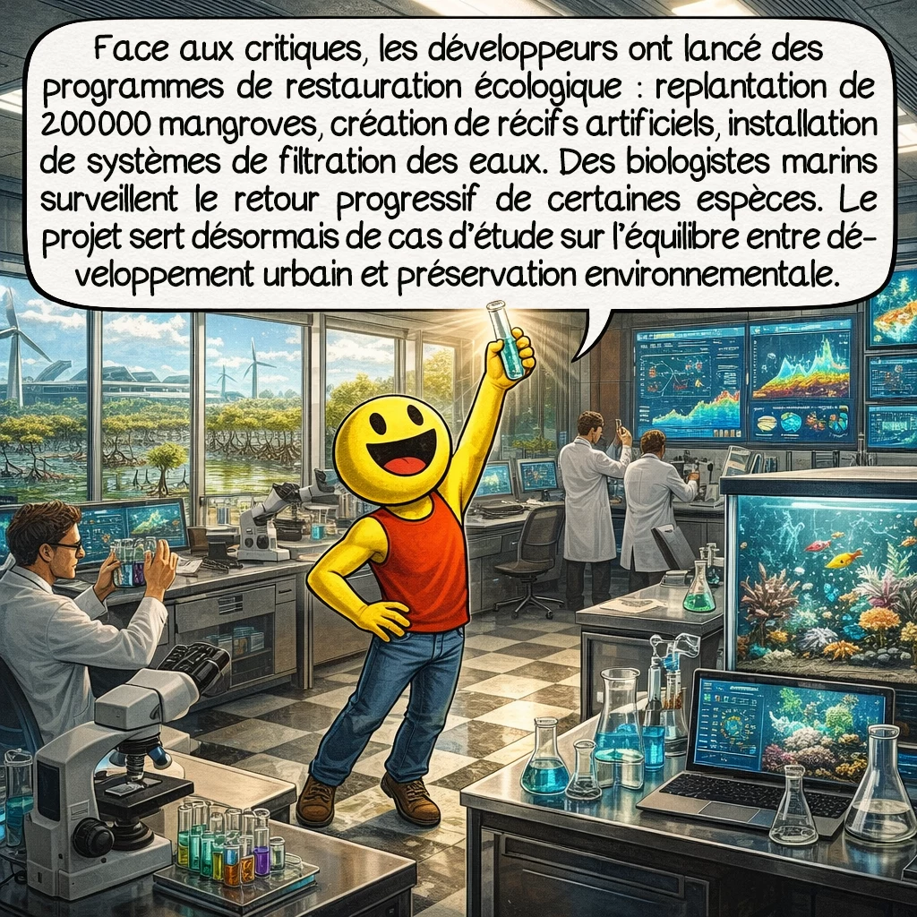Forest City, case 6 : Face aux critiques, les développeurs ont lancé des programmes de restauration écologique : replantation de 200 000 mangroves, création de récifs artificiels, installation de systèmes de filtration des eaux. Des biologistes marins surveillent le retour progressif de certaines espèces. Cependant, les experts estiment que seulement 30% de la biodiversité originale pourrait être restaurée. Le projet sert désormais de cas d'étude sur l'équilibre entre développement urbain et préservation environnementale.