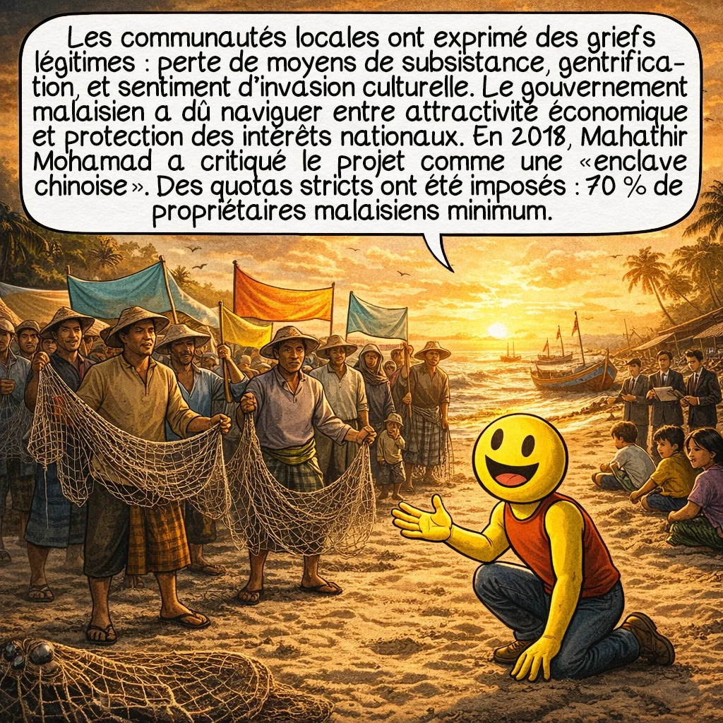 Forest City, case 7 : Les communautés locales ont exprimé des griefs légitimes : perte de moyens de subsistance, gentrification, et sentiment d'invasion culturelle. Le gouvernement malaisien a dû naviguer entre attractivité économique et protection des intérêts nationaux. En 2018, Mahathir Mohamad a critiqué le projet comme une 'enclave chinoise'. Des quotas stricts ont été imposés : 70% de propriétaires malaisiens minimum. Cette tension illustre les défis de la mondialisation et des mégaprojets transnationaux.