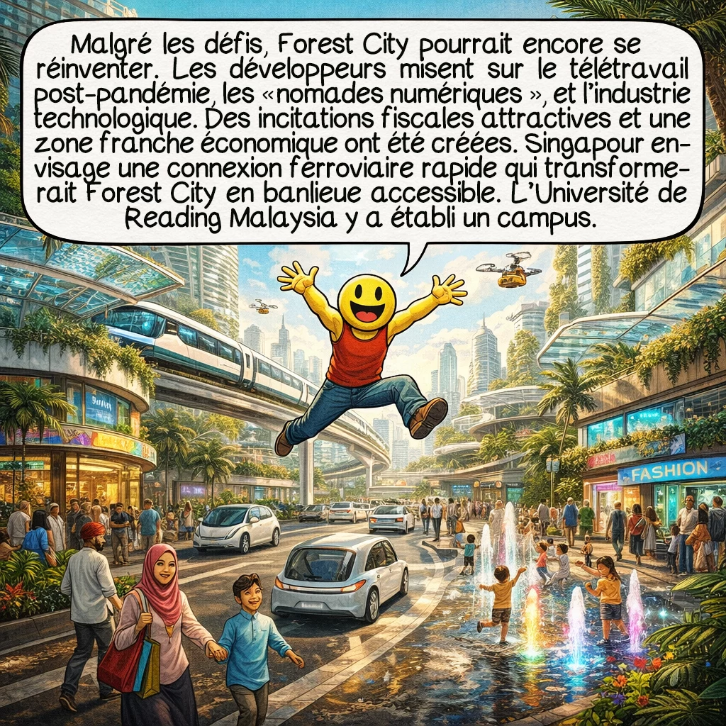 Forest City, case 8 : Malgré les défis, Forest City pourrait encore se réinventer. Les développeurs misent sur le télétravail post-pandémie, les 'digital nomads', et l'industrie technologique. Des incitations fiscales attractives et une zone franche économique ont été créées. Singapour envisage une connexion ferroviaire rapide qui transformerait Forest City en banlieue accessible. L'Université de Reading Malaysia y a établi un campus. Ces développements pourraient catalyser une renaissance, transformant l'échec apparent en succès à long terme.