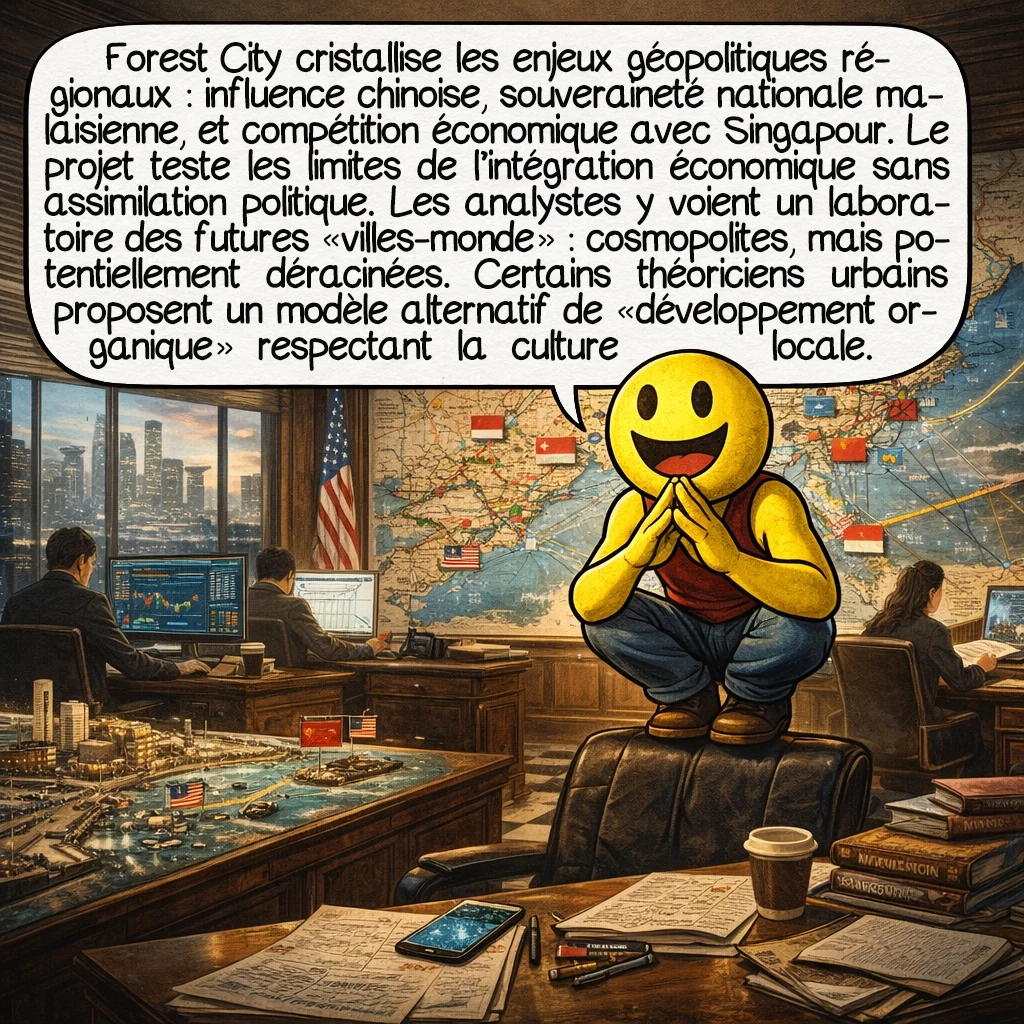 Forest City, case 9 : Forest City cristallise les enjeux géopolitiques régionaux : influence chinoise croissante via les investissements BRI, souveraineté nationale malaisienne, et compétition économique avec Singapour. Le projet teste les limites de l'intégration économique sans assimilation politique. Les analystes y voient un laboratoire des futures 'villes-monde' : cosmopolites mais potentiellement déracinées. Certains théoriciens urbains proposent un modèle alternatif de 'développement organique' respectant les écosystèmes locaux et les communautés existantes.