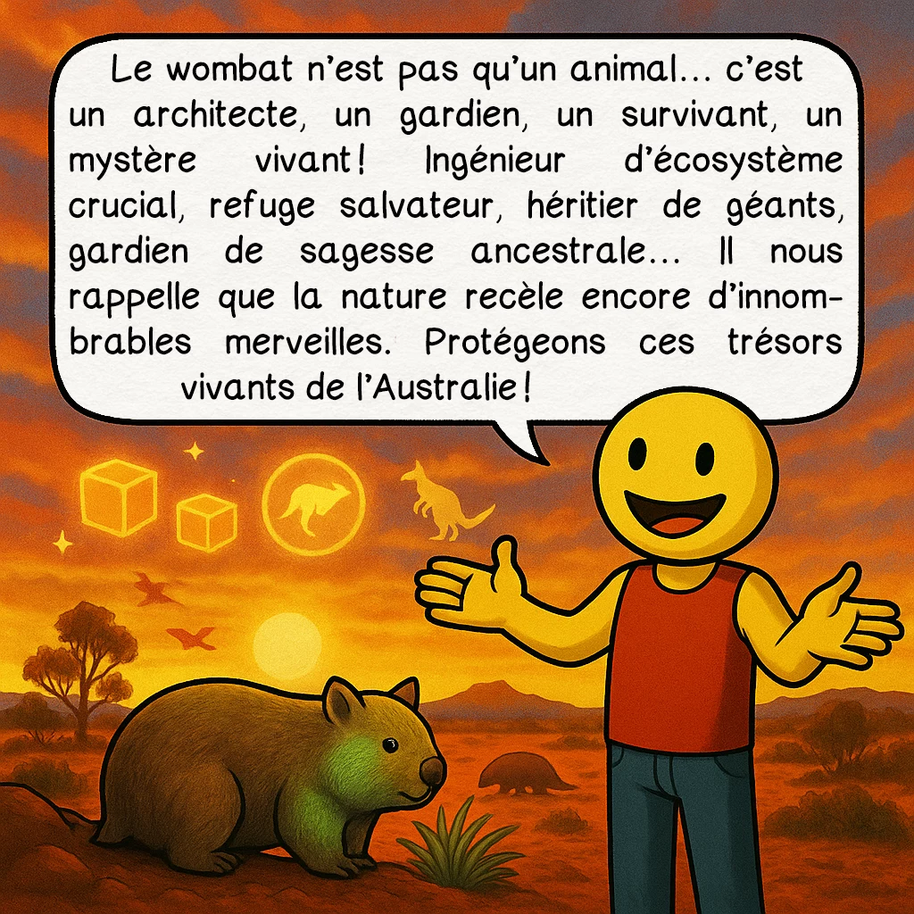 Le wombat, case 10 : Le wombat n’est pas qu’un animal… c’est un architecte, un gardien, un survivant, un mystère vivant ! Ingénieur d’écosystème crucial, refuge salvateur, héritier de géants, gardien de sagesse ancestrale… Il nous rappelle que la nature recèle encore d’innombrables merveilles. Protégeons ces trésors vivants de l’Australie !