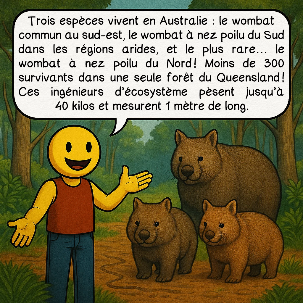 Le wombat, case 2 : Trois espèces vivent en Australie : le wombat commun au sud-est, le wombat à nez poilu du Sud dans les régions arides, et le plus rare… le wombat à nez poilu du Nord ! Moins de 300 survivants dans une seule forêt du Queensland ! Ces ingénieurs d’écosystème pèsent jusqu’à 40 kilos et mesurent 1 mètre de long.