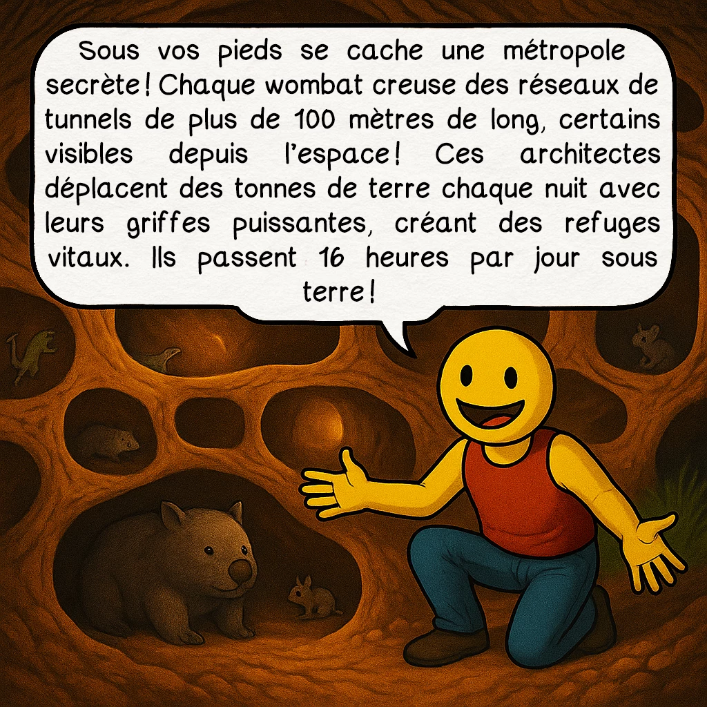 Le wombat, case 3 : Sous vos pieds se cache une métropole secrète ! Chaque wombat creuse des réseaux de tunnels de plus de 100 mètres de long, certains visibles depuis l’espace ! Ces architectes déplacent des tonnes de terre chaque nuit avec leurs griffes puissantes, créant des refuges vitaux. Ils passent 16 heures par jour sous terre !