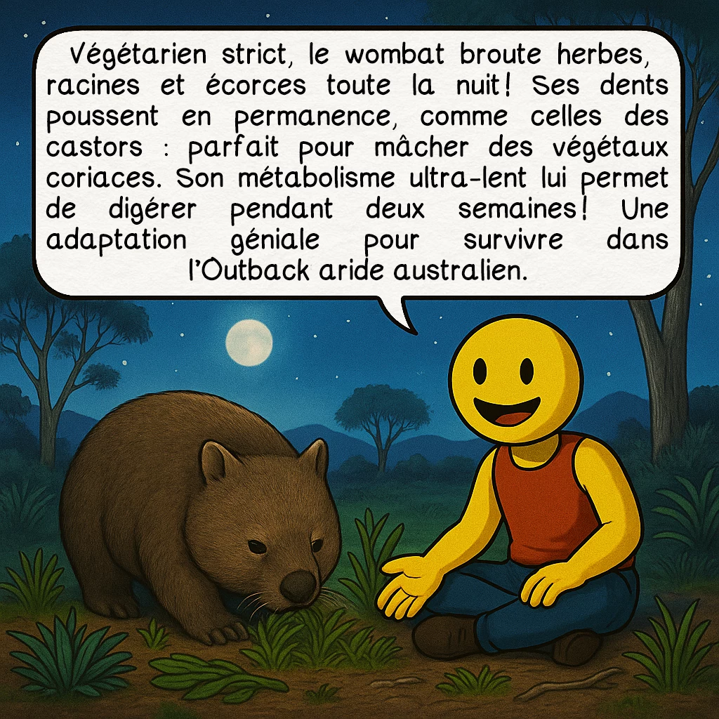 Le wombat, case 4 : Végétarien strict, le wombat broute herbes, racines et écorces toute la nuit ! Ses dents poussent en permanence, comme celles des castors — parfait pour mâcher des végétaux coriaces. Son métabolisme ultra-lent lui permet de digérer pendant 2 semaines ! Une adaptation géniale pour survivre dans l’Outback aride australien.