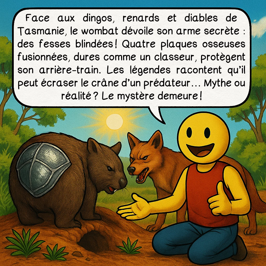Le wombat, case 5 : Face aux dingos, renards et diables de Tasmanie, le wombat dévoile son arme secrète : des fesses blindées ! Quatre plaques osseuses fusionnées, dures comme un classeur, protègent son arrière-train. Les légendes racontent qu’il peut écraser le crâne d’un prédateur… Mythe ou réalité ? Le mystère demeure !